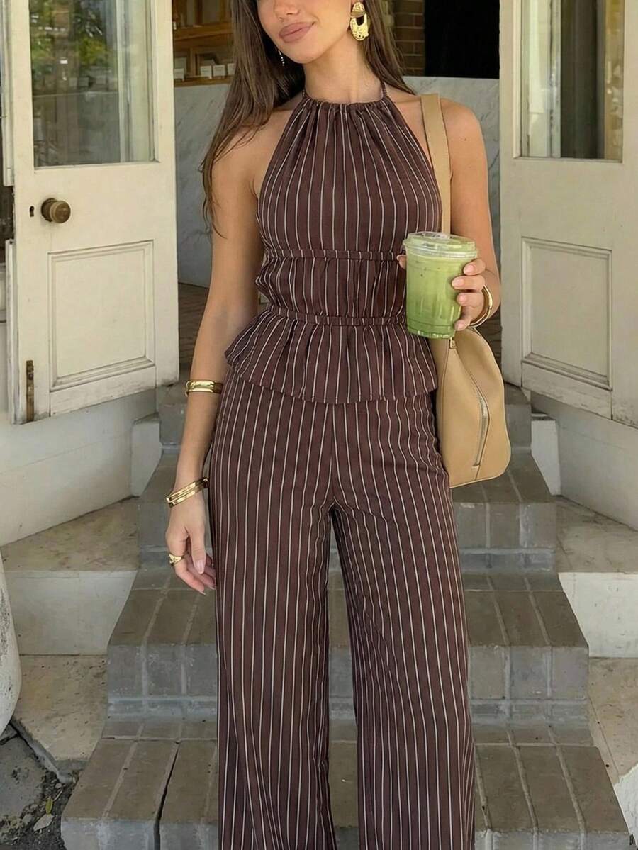 Firerie Bộ đồ 2 mảnh màu nâu dành cho nữ, thanh lịch, thường ngày, gợi cảm, thích hợp cho kỳ nghỉ, lễ hội âm nhạc, tiệc tùng. Bộ gồm áo hai dây buộc cổ sau lưng kẻ sọc và quần dài cạp cao. - màu nâu - Xem 1