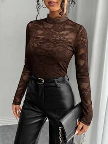 Rafferiza 女士优雅蕾丝透视性感T恤 - 咖啡棕 - 查看 4