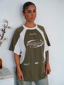 SAYEHFBABY Women's Summer Streetwear Oversized Racing Motorcycle Print Color Block Raglan Sleeve Green Jersey T-Shirt - Army Green - View 6