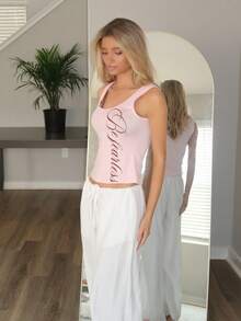 Sydney Algeri 女式黑色百搭通勤 U 领银色英文字母印花街头风修身吊带背心，春夏 - 粉色 - 查看 4