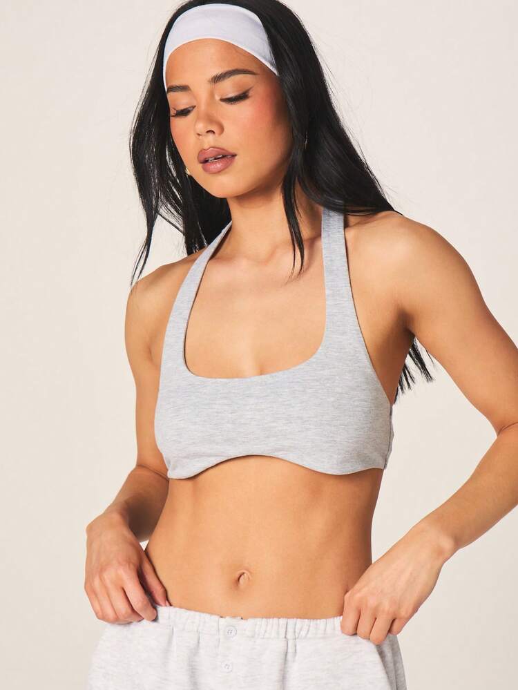 MISSGUIDED Heathered Grey Halter Neck Bralette With Scoop Neckline And Racerback Design For Active Lifestyle Casual Wear
