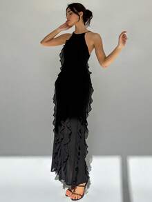 Aloruh Váy không tay hở lưng nhiều lớp nhún bèo trơn phong cách nữ thần thanh lịch mùa xuân/hè có tác dụng làm thon gọn và tăng chiều cao, váy dài bó sát màu đen trơn không tay dây mảnh thanh lịch cho nữ, trang phục dự tiệc/hộp đêm mùa xuân/hè - màu đen - Xem 6