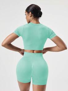 SHEIN Sovereign Charm Bộ 2 món + Bộ vest thông thường + Vải thấm hút mồ hôi/Vải dệt kim gân + Cổ vuông/Cơ bản/Xanh navy + Bộ đồ thể thao + Không đường may/Yoga - Màu xanh Bạc hà - Xem 2
