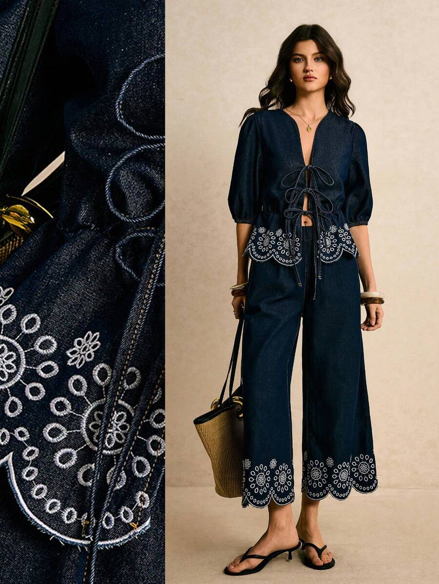 Poéselle Blusa de mezclilla de moda con mangas farol, bordado floral y lazo delantero para mujer - Azul lavado oscuro - Ver 1