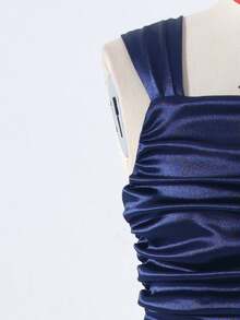 青少年女孩优雅简约精致高腰长裙，方领，收腰设计，缎面面料，适合毕业舞会、圣诞派对、正式场合，海军蓝 - 藏蓝色 - 查看 4