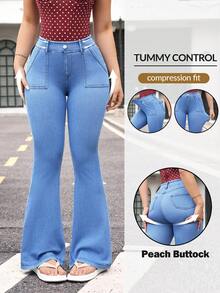 Flexra Jeans acampanados de uso diario versátil y casual con bolsillos y botones para mujer - Azul - Ver 3