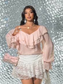 Viva Relle Plus Size Elegant Solid Color Ruffle Asymmetric Collar Long Sleeve Blouse - Pink - View 1