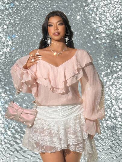 Viva Relle Blusa de manga larga con cuello asimétrico con volantes de unicolor elegante para tallas grandes