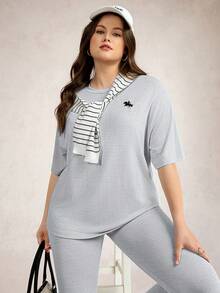 SHEIN LUNE 优雅女士两件套秋季女装大码女装黑白条纹露肩T恤和打底裤休闲套装女装两件套机场女装套装黑色两件套旅行装机场得体 - 灰色 - 查看 10