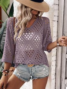 Breezaya 女士宽松休闲七分袖镂空针织上衣 - 紫色 - 查看 7