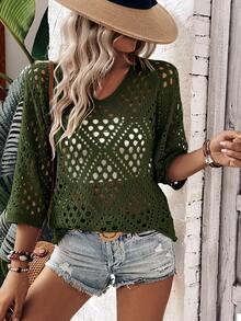 Breezaya Áo dệt kim tay lửng khoét lỗ dáng rộng thoải mái dành cho nữ - xanh quân đội - Xem 6