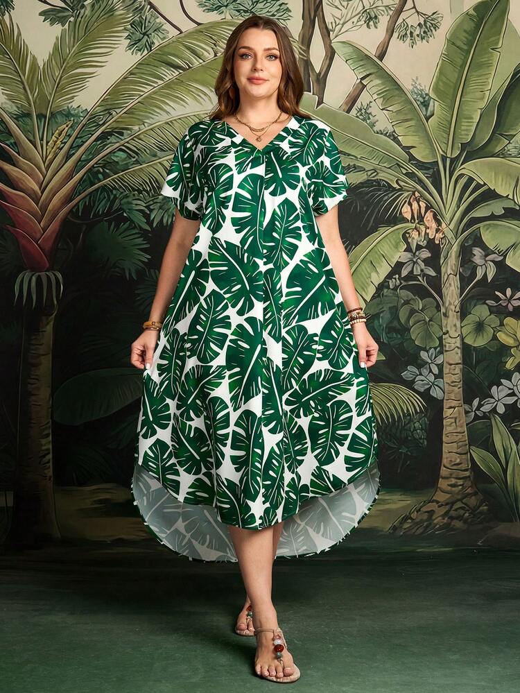 Plus Size Women V-Neck Leaf Print Fashionable Chic Party Dress Summer Outfits Beach Vacation Outfits For Women Floral Dress BOHO Clothes Women's Summer Dresses Palm Dress Women's Summer Outfits Summer Outfits For Women Beach Outfit For Women Casual Vacation Outfits Women Country Concert Outfit Peplum