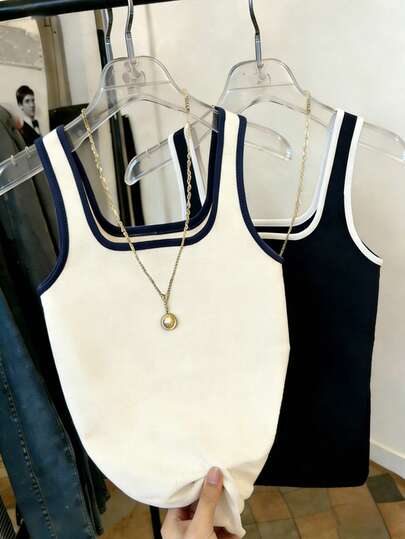 Resyla 女士夏季休闲撞色滚边方领修身背心