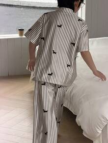 Dazy Kids Tween Boy Striped Puppy Print Single-Breasted Short Sleeve Top And Wide Leg Pants Casual Loungewear Pajama Set - Apricot - View 4