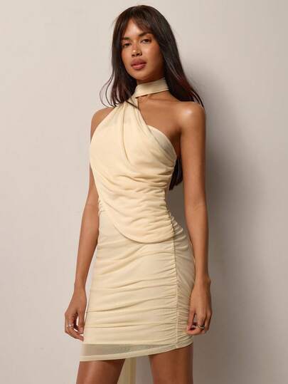 COSMINA Vestido elegante de mujer con malla, drapeado asimétrico y cuello halter fluido, versátil para ir al trabajo, la oficina, salir, citas, la playa, primavera