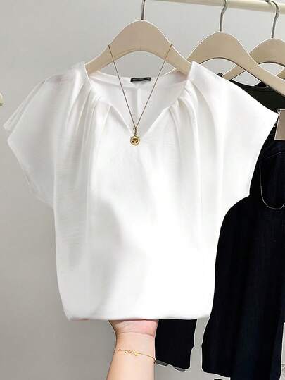 GlowEve CURVE Women's Plus Size Solid Color Short Sleeve T-Shirt With Flutter Sleeves And Notched Neck, Loose Fit, Slimming, Unique And Chic, Going Out Top, Business Casual Summer Women's Summer Spring Wedding Guest Party