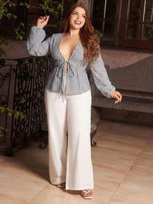 Lupita Cardoza 女士条纹长袖系腰宽松时尚衬衫 - 黑色 - 查看 4