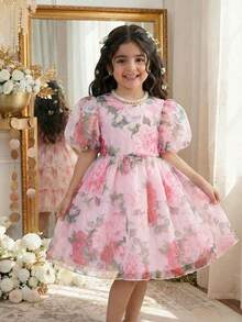 Elladie kids 女童碎花印花薄纱泡泡袖连衣裙，后背拉链设计，饰有优雅蝴蝶结，适合派对、生日、表演等场合，尽显公主风范。 - 粉色 - 查看 4