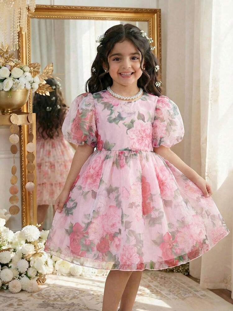 Elladie kids 女童碎花印花薄纱泡泡袖连衣裙，后背拉链设计，饰有优雅蝴蝶结，适合派对、生日、表演等场合，尽显公主风范。 - 粉色 - 查看 4