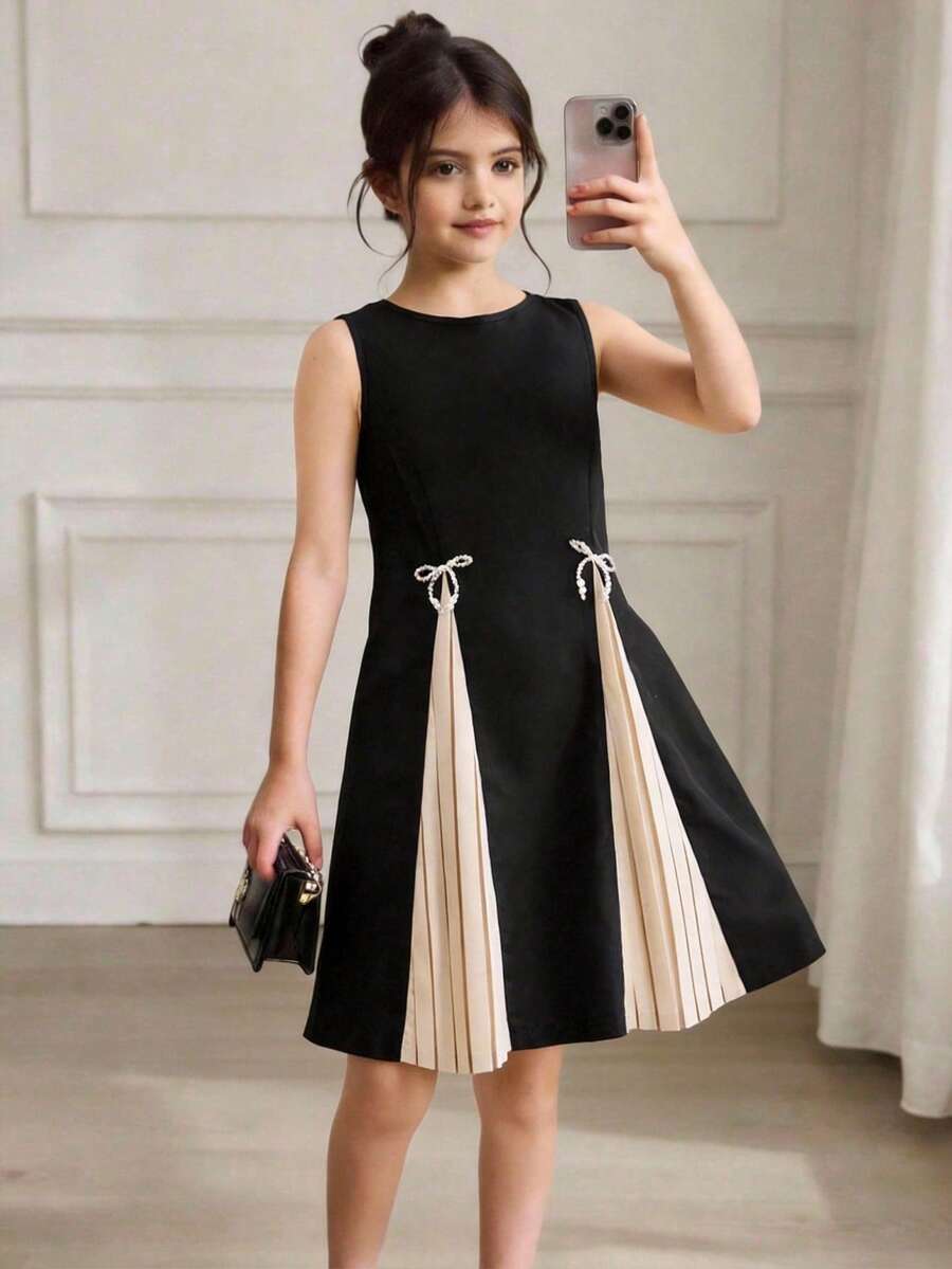 SHEIN Tween Girl Fashionable & Elegant Sleeveless Round Neck Dress Girls Pleated Dress Girls Sleeveless Aline Casual Dress - Black - View 1