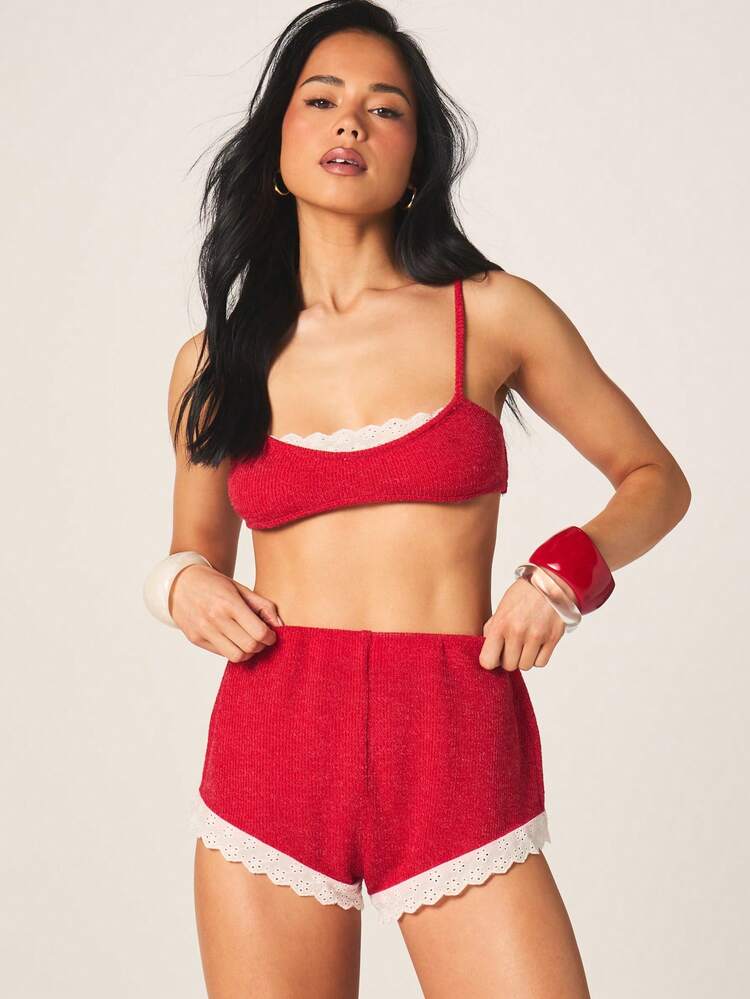 MISSGUIDED Red Ribbed Knit Bralette With White Lace Trim Scalloped Detail Summer Crop Top