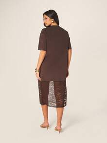 MISSGUIDED Women Brown Crew Neck Short Sleeve Midi Dress With Lace Panel Overlay Casual Day Evening Wear - Brown - View 2