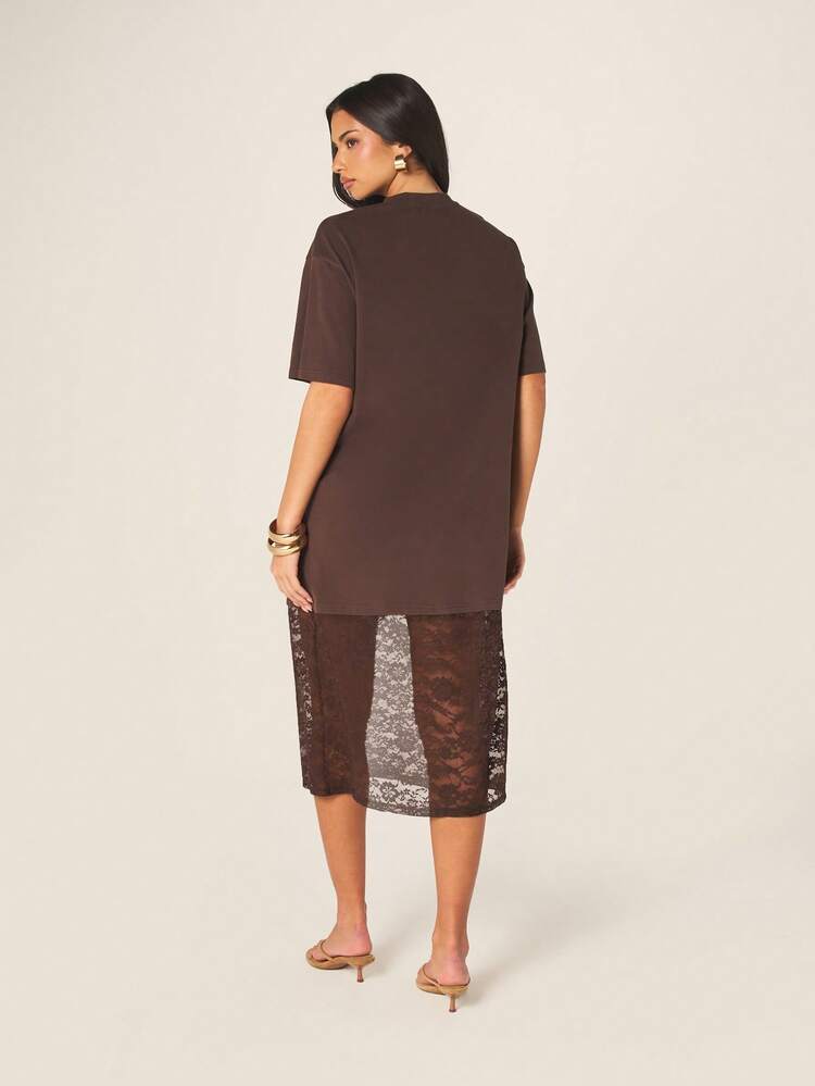 MISSGUIDED Women Brown Crew Neck Short Sleeve Midi Dress With Lace Panel Overlay Casual Day Evening Wear