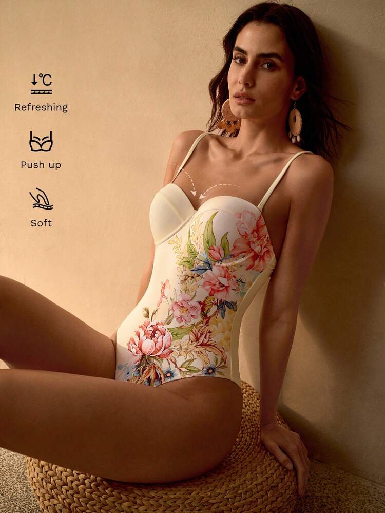 DELICATE FLORAL PRINT ONE-PIECE SWIMSUIT FOR WOMEN, SUITABLE FOR BEACH & RESORT VACATION