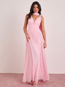 Enchnt 女士纯色简约无袖连衣裙，休闲日常穿着 - 淺粉色 - 查看 3