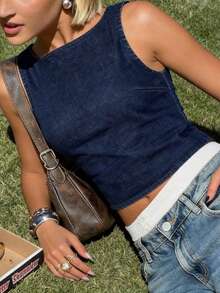 Aloruh Damski jednokolorowy, modny, skrócony top z okrągłym dekoltem i odkrytymi plecami, bez rękawów i z odkrytymi plecami - Niebieski - Zobacz 3