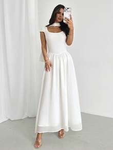 Firerie Women's Elegant White Summer Dress,Vacation Resort Beach Scoop Neck Flowy Sleeve A-Line Midi Chiffon Formal Wedding Guest Chic Minimalist Fashion - White - View 3