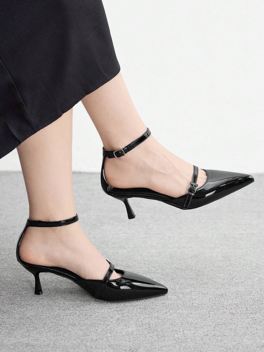 CUCCOO BIZCHIC 女士高跟鞋,简约高端黑色亮面高跟鞋,尖头双扣镂空细高跟鞋,春夏百搭职场约会鞋 - 黑色 - 查看 1