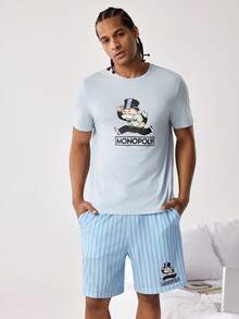 MONOPOLY X SHEIN Men's Round Neck Letter & Cartoon Print Short Sleeve Top And Shorts Casual Loungewear Set - Baby Blue - View 3