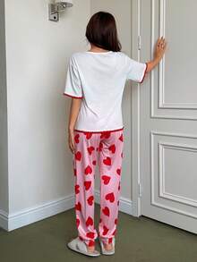 SHEIN 心形字母印花休闲圆领短袖女士睡衣套装 - 彩色 - 查看 2