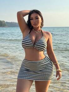 Swim  Set de bikini de 3 piezas con estampado aleatorio y cordón para mujer talla grande - Blanco y Negro - Ver 3