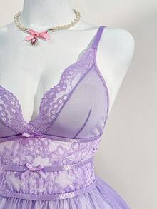 Sött & Romantiskt Spets Kontrast Mesh V-ringad Volang Justerbar Band Teddy Lingerie Set - Lila - Visa 3