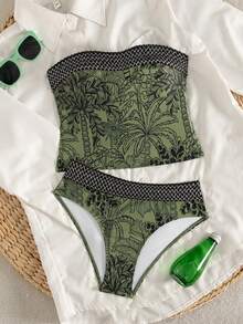 Swim Lushoire Women's Green Summer Boho Beach Vacation Holiday Holiday Tropical Coconut Tree Print Tankini Swimwear Set,Strapless Backless High Waist Bikini Set - Green - View 7