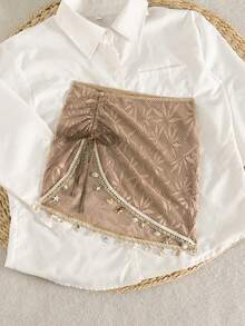 Swim Lushoire Rok Wanita Musim Panas untuk Liburan Pantai, Tali Serut, Hiasan Rumbai Motif Bintang Laut dan Cangkang, Warna Polos, Kain Tekstur Khusus, Belahan Bawah, Penutup Pakaian Renang - Khaki - View 7