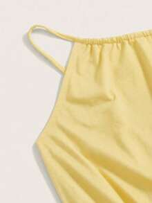 SHEIN EZwear 夏季纯色黑色宽松休闲吊带连体裤，女士短款夏季连体裤，休闲连体裤，黄色连体裤，春季连体裤，女士度假套装，女士连体裤，夏季女士套装，女士夏季服装，女士连体裤 - 鵝黃色 - 查看 5