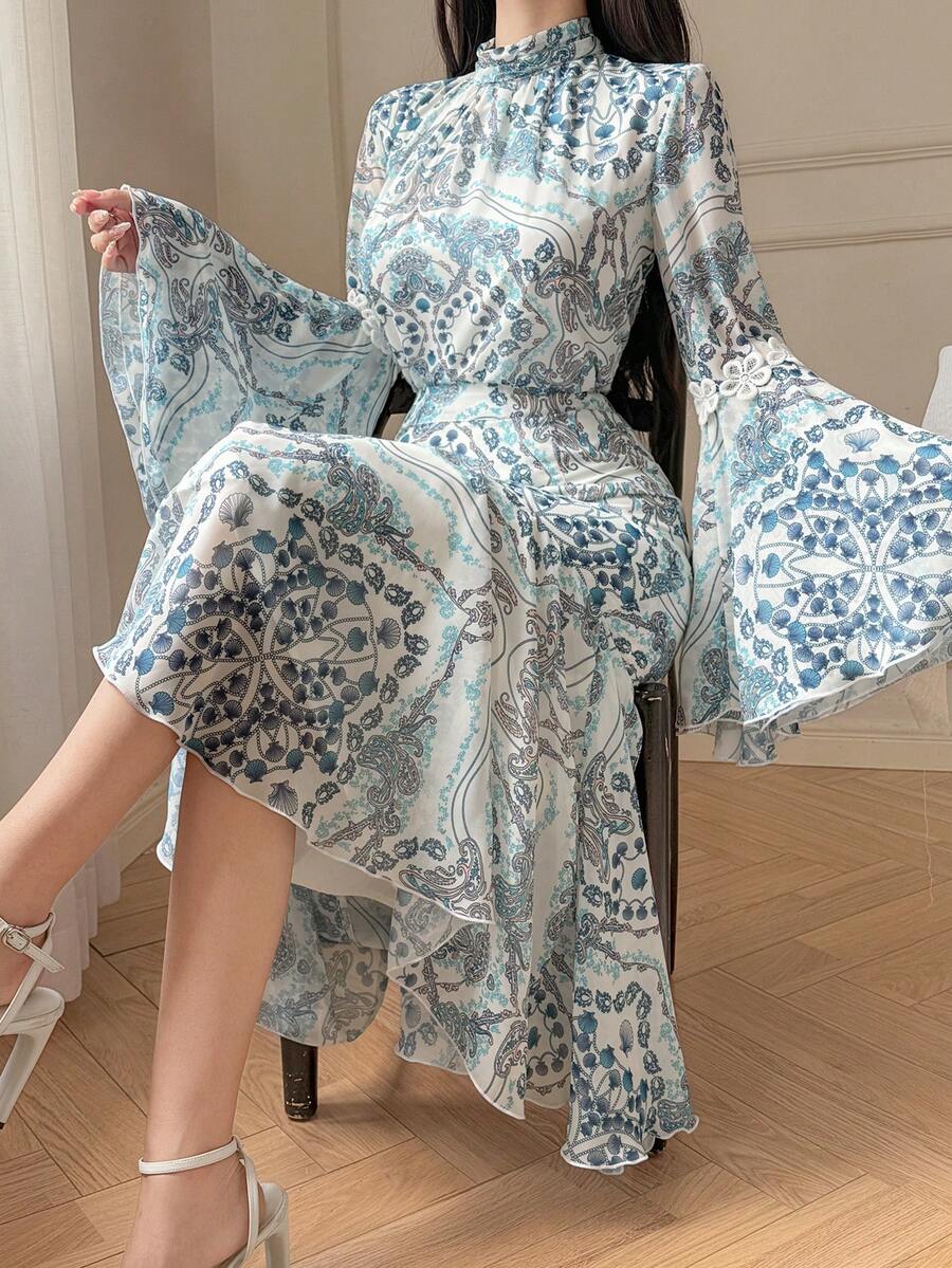 DAZY Women's Elegant 2-Piece Set: Mandarin Collar Flare Sleeve Top And Mini Skirt With Cashew Pattern - Blue - View 1