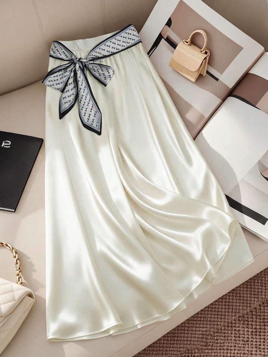 GlowEve 长款真丝围巾腰带，百搭高品质女士优雅半身裙休闲装秋季女装 - 白色 - 查看 1