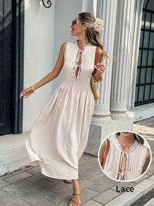 Serisse 女士深V领系带腰部褶皱优雅法式约会长裙 - 杏色 - 查看 2