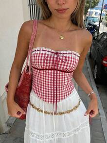 Aloruh Áo không tay mới cho nữ, kiểu dáng corset ống màu đỏ trắng kẻ caro với viền ren và nơ trang trí, phong cách Y2K, thích hợp cho mùa xuân/hè, đi biển, nghỉ lễ, hè, đi chơi. - Đỏ và trắng - Xem 2