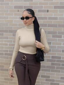 Melissa Matos 高领加厚保暖内衬修身长袖打底衫，适合秋冬季穿着，针织套头衫 - 摩卡棕 - 查看 4