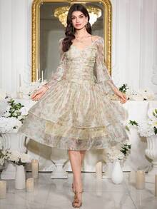 Feyla 女士印花交叉V领喇叭袖中长连衣裙 - 彩色 - 查看 5