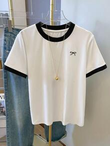 Women's Casual Bow Embroidery Trim Short Sleeve T-Shirt, Summer - Black and White - View 5