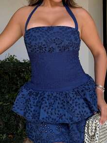 Maria Perezxox 女士海滩度假蓝色挂脖修身层叠荷叶边迷你连衣裙，夏季 - 藏蓝色 - 查看 6