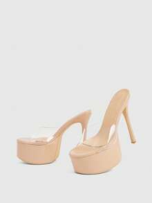 CUCCOO LuxiPop 女士高跟凉鞋，黑色，细跟露趾透明单带防水厚底，时尚简约12厘米性感细高跟，适合约会、夜店派对、春夏、度假，2000年代风格 - 杏色 - 查看 6