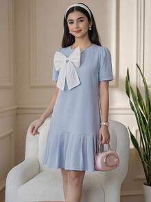 SHEIN Teen Girls Bowknot Round Neck Short Sleeve Pleated Dress - Blue and White - View 4