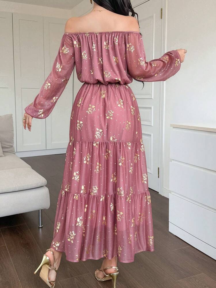 Women's Elegant Floral Off-Shoulder Top And A-Line Skirt 2-Piece Set, Spring/Summer Boho